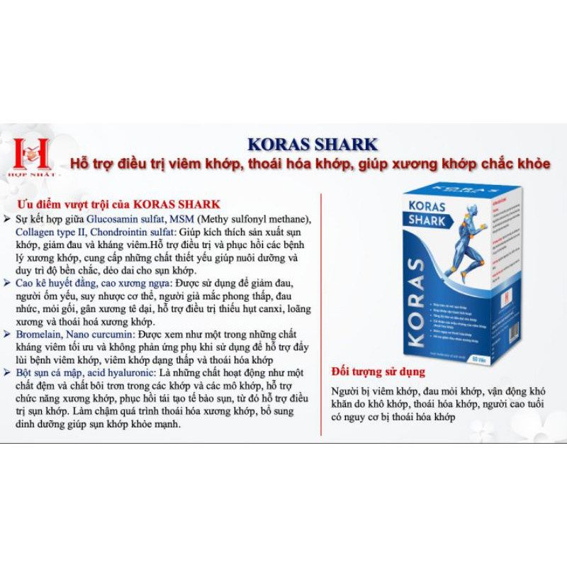 Viên sụn khớp KORAS SHARK hộp 60 viên HÀNG CHÍNH HÃNG Korasshark bảo vệ mô sụn khớp, cải thiện thoái hóa khớp