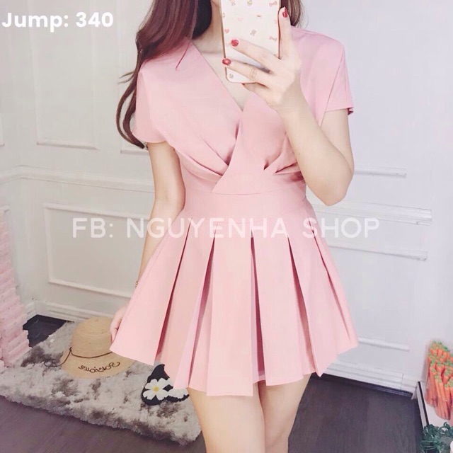 🍒Đầm xoè xếp li cổ V đắp có lót quần trong