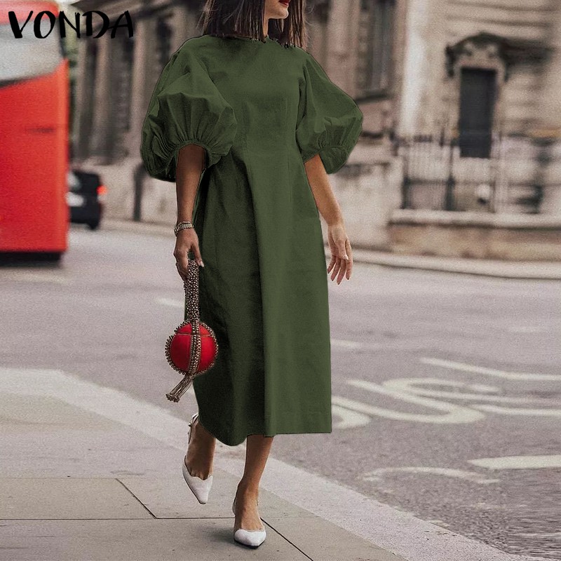 Đầm VONDA tay bo phồng cổ tròn dáng rộng phong cách thời trang mùa hè cho phái đẹp | BigBuy360 - bigbuy360.vn