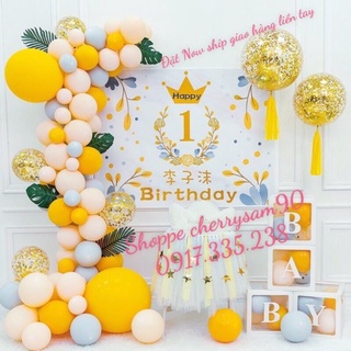 set trang trí sinh nhật kèm backdrop in tên và hình bé