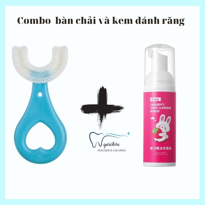 Bàn chải đánh răng chữ U và kem đánh răng tạo bọt cho bé hương vị hoa quả có thể nuốt được cho bé từ 2 đến 12 tuổi