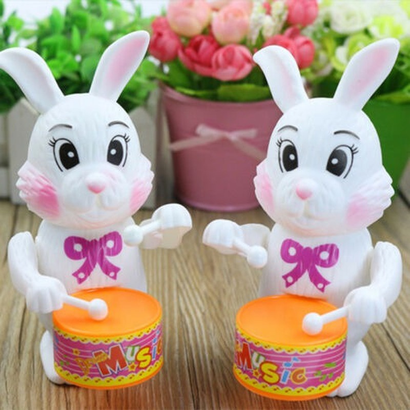 Children Happy Rabbit Beating Drummer Retro Clockwork Wind Up Tin Toy