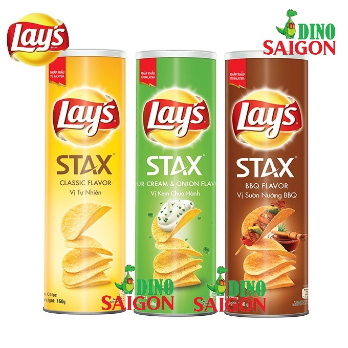 Combo 3 hộp Bánh Snack Khoai Tây Lay's Stax Malaysia 160g Mix 3 Vị Kem Chua Hành, Sườn nướng BBQ và Tự nhiên