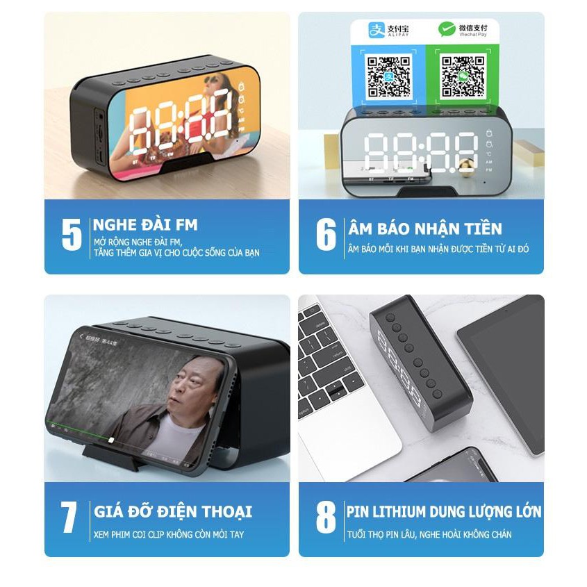 Loa bluetooth không dây mini pin trâu clock speaker D88 mặt kính tráng gương đồng hồ báo thức nghe đài FM đo nhiệt độ