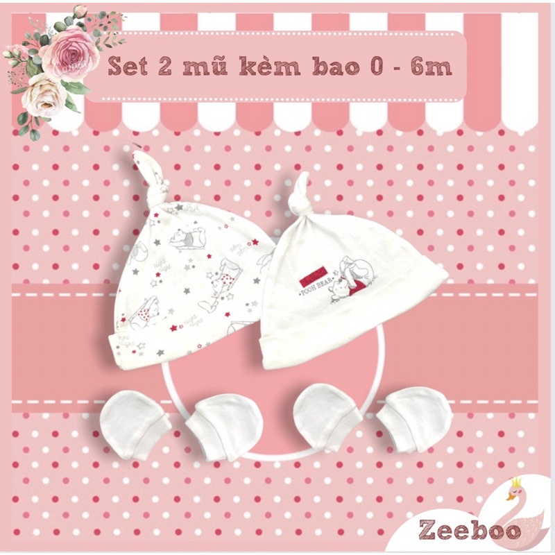 Mũ củ tỏi cho bé từ sơ sinh - 6 tháng [set 2 mũ kèm bao tay], vải Cotton mềm mịn, hình gấu pooh dễ thương, che thóp
