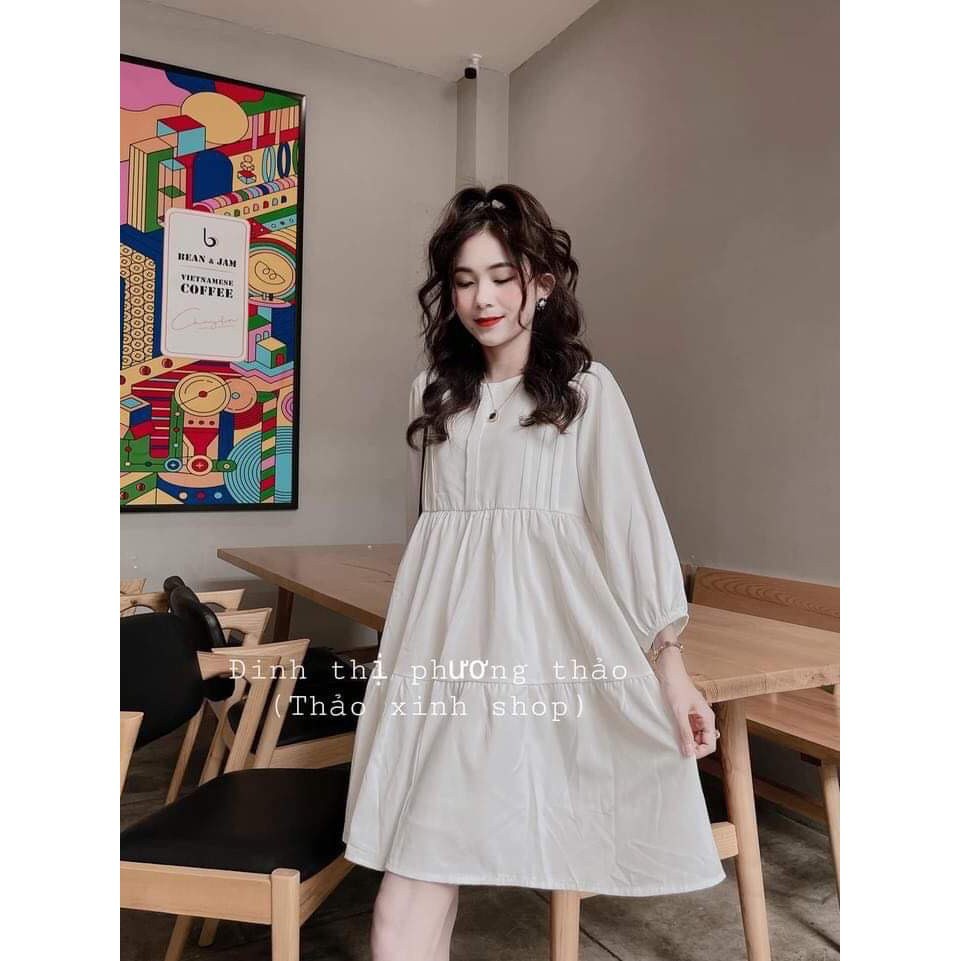 Váy babydoll xếp li ngực phối tay bồng tiểu thư năng động trẻ trung