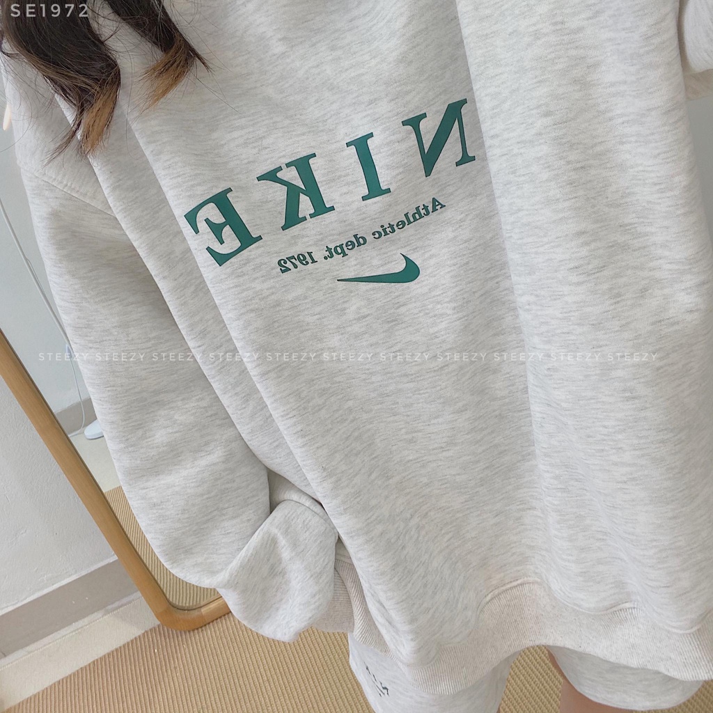 [SE1972] Set đồ bộ swe nỉ bông dày kèm quần short in N I K E tích form rộng (Có sẵn/Ảnh thật)