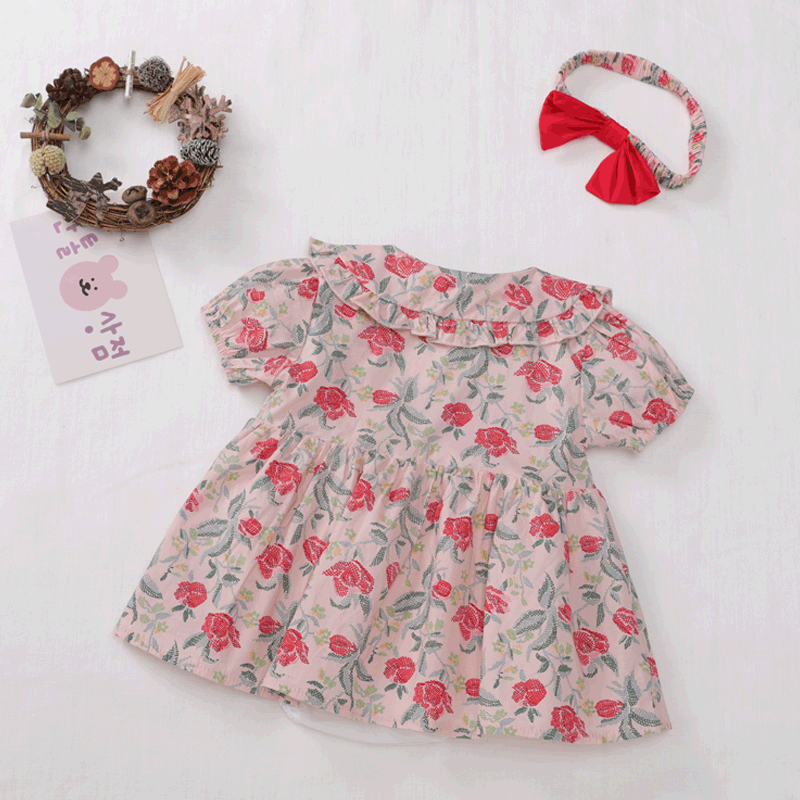 Set Jumpsuit Tay Ngắn Hoạ Tiết Hoa + Băng Đô Cài Tóc Cho Bé