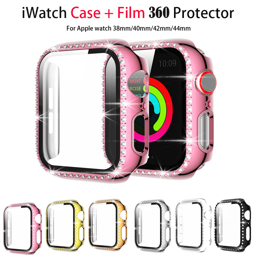 Ốp kim cương kèm phim thủy tinh bảo vệ chống va đập cho Apple Watch dòng 6 5 4 3 2 1/iwatch 40mm 44mm 38MM 42MM