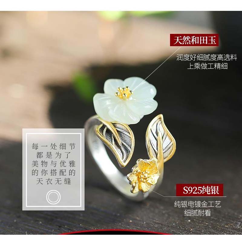 Nhẫn Hở Mạ Bạc 925 Đính Ngọc Bích Hình Hoa Đào Phong Cách Cổ Điển Có Thể Điều Chỉnh Cho Cô Dâu