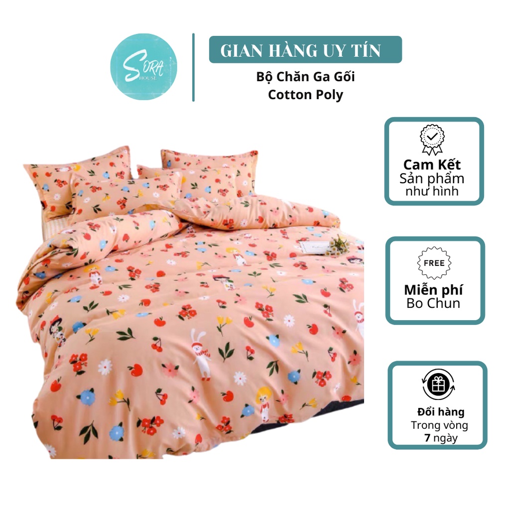 Bộ Chăn Ga Gối Cotton Poly Cô Bé Cherry Hồng