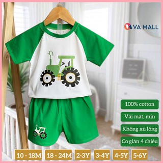 Bộ đồ cộc tay dành cho bé trai họa tiết Xe Lu xanh lá cây cực kỳ đáng yêu, Vải Cotton 4 chiều