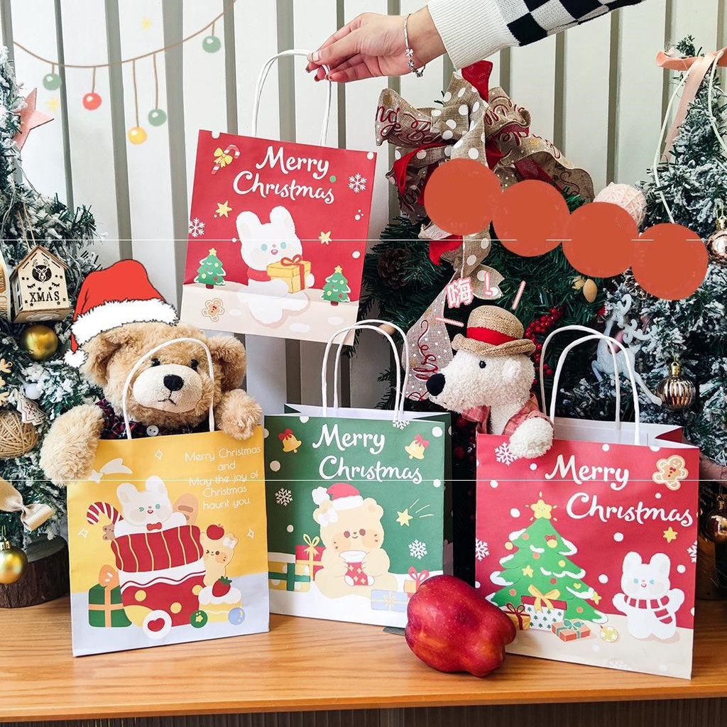 Túi đựng quà Merry Christmas nhóc hoạt hình - Gấu và Thỏ Bông Tuyết Merry Christmas (Noel) - Kraft kèm tem dán Size M