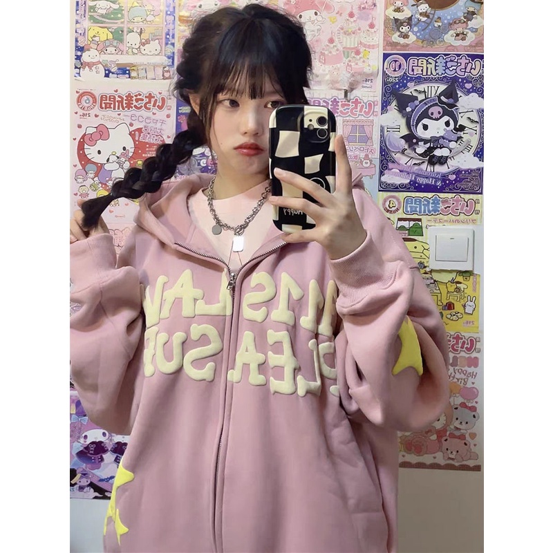 Áo Khoác Hoodie Mỏng Dáng Rộng Màu Hồng Phong Cách Hip Hop Mỹ Thời Trang Xuân Thu Cho Nữ