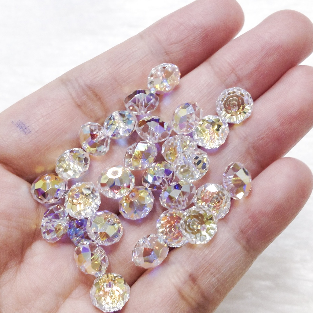 Hạt đá pha lê tròn bẹt trắng ánh 7 màu cao cấp size 4mm 6mm 8mm dùng làm trang sức vòng tay sang trọng