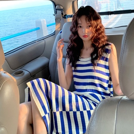 Đầm dệt kim ZHELIHANGFEI không tay họa tiết kẻ sọc thời trang cho nữ