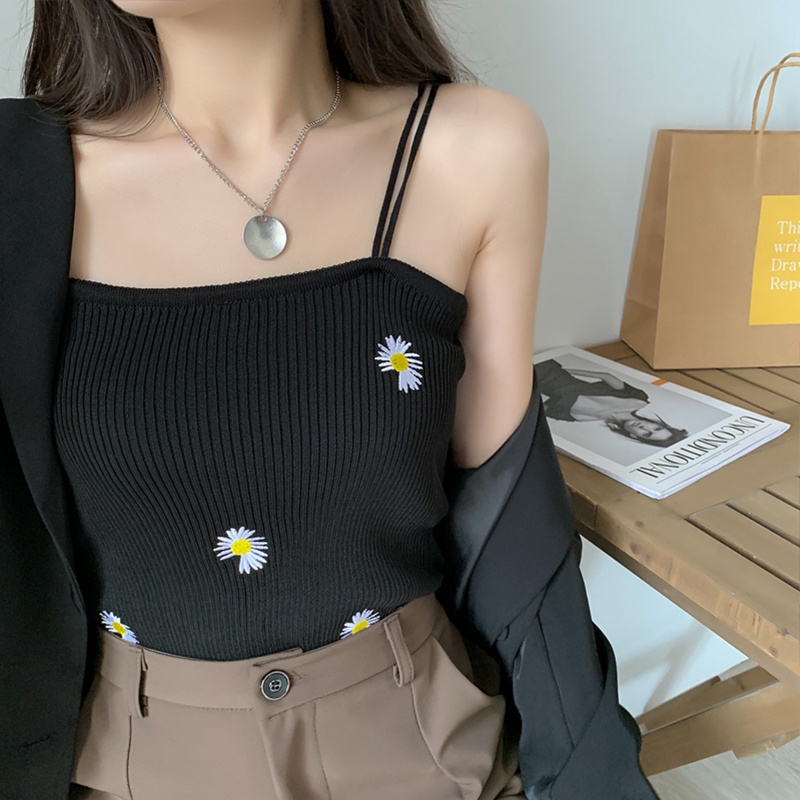 Áo hai dây ZHELIHANGFEI vải dệt kim thêu họa tiết hoa cúc xinh xắn