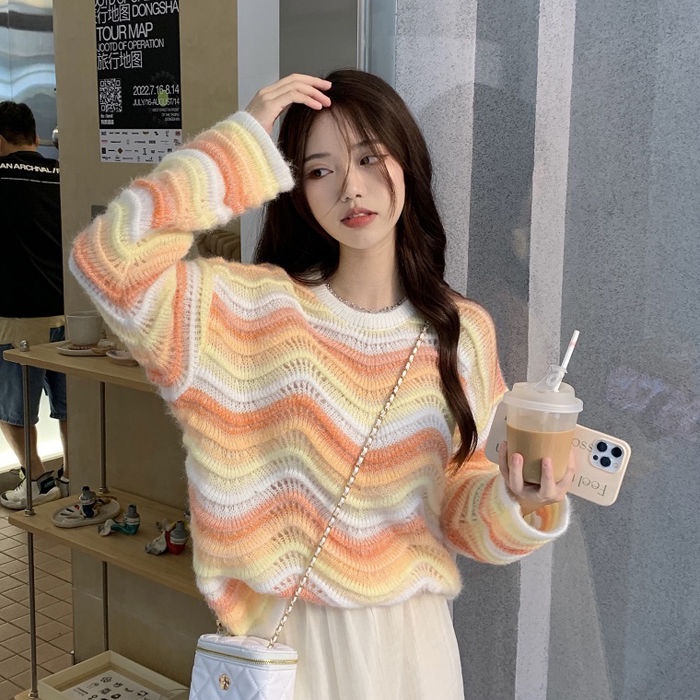COZOK Áo Sweater Tay Dài Kẻ Sọc Nhiều Màu Thời Trang
