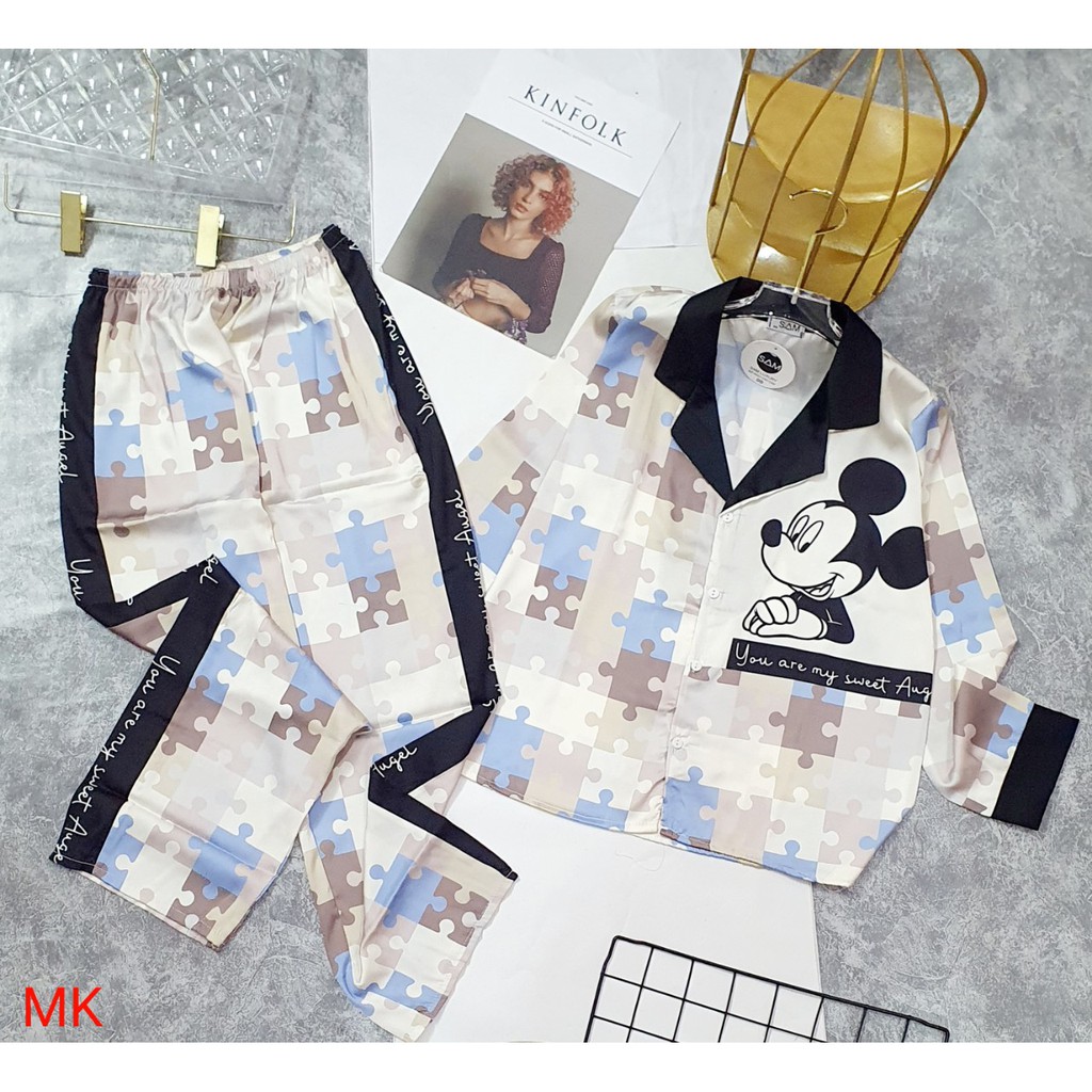 Bộ Pijama dài tay thiết Kế 𝘾𝘼𝙊 𝘾𝘼̂́𝙋- Bộ Đồ Lụa Latin Họa Tiết MicKey Sang Chảnh, Siêu Mịn.