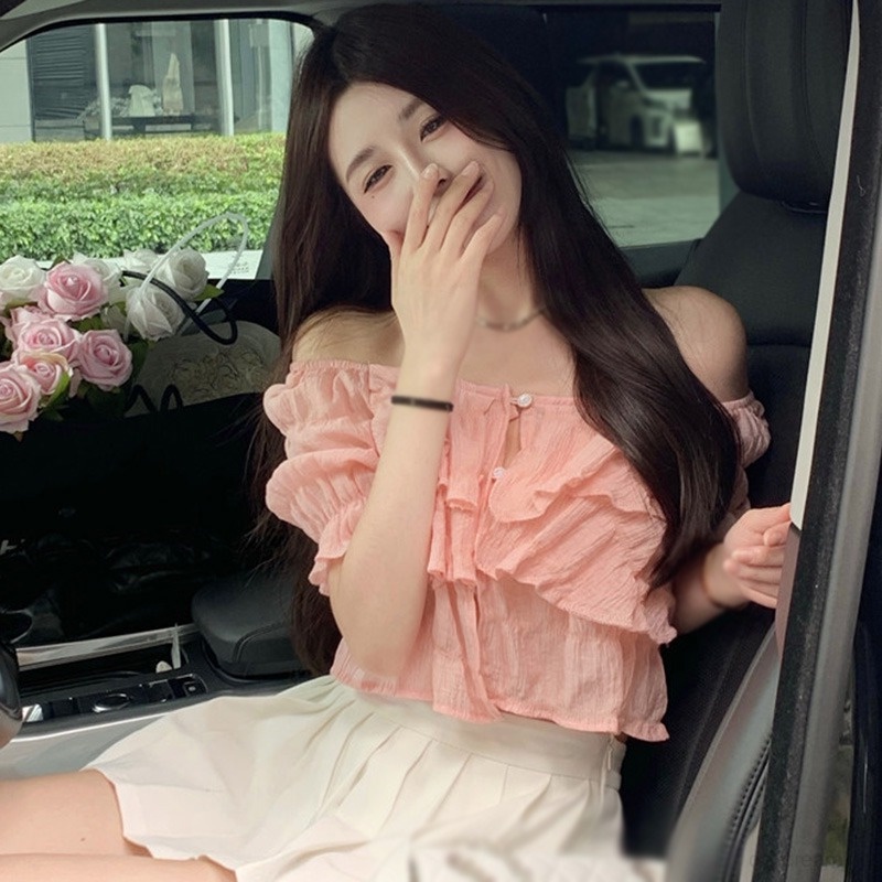 Áo Croptop Áo Sơ Mi Áo Kiểu Trễ Vai Tay Ngắn Dáng Ôm Màu Sắc Ngọt Ngào Thời Trang Cho Nữ