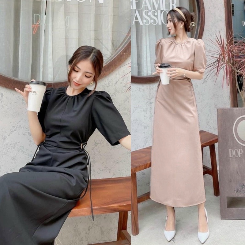 Đầm maxi tay phồng khoét eo