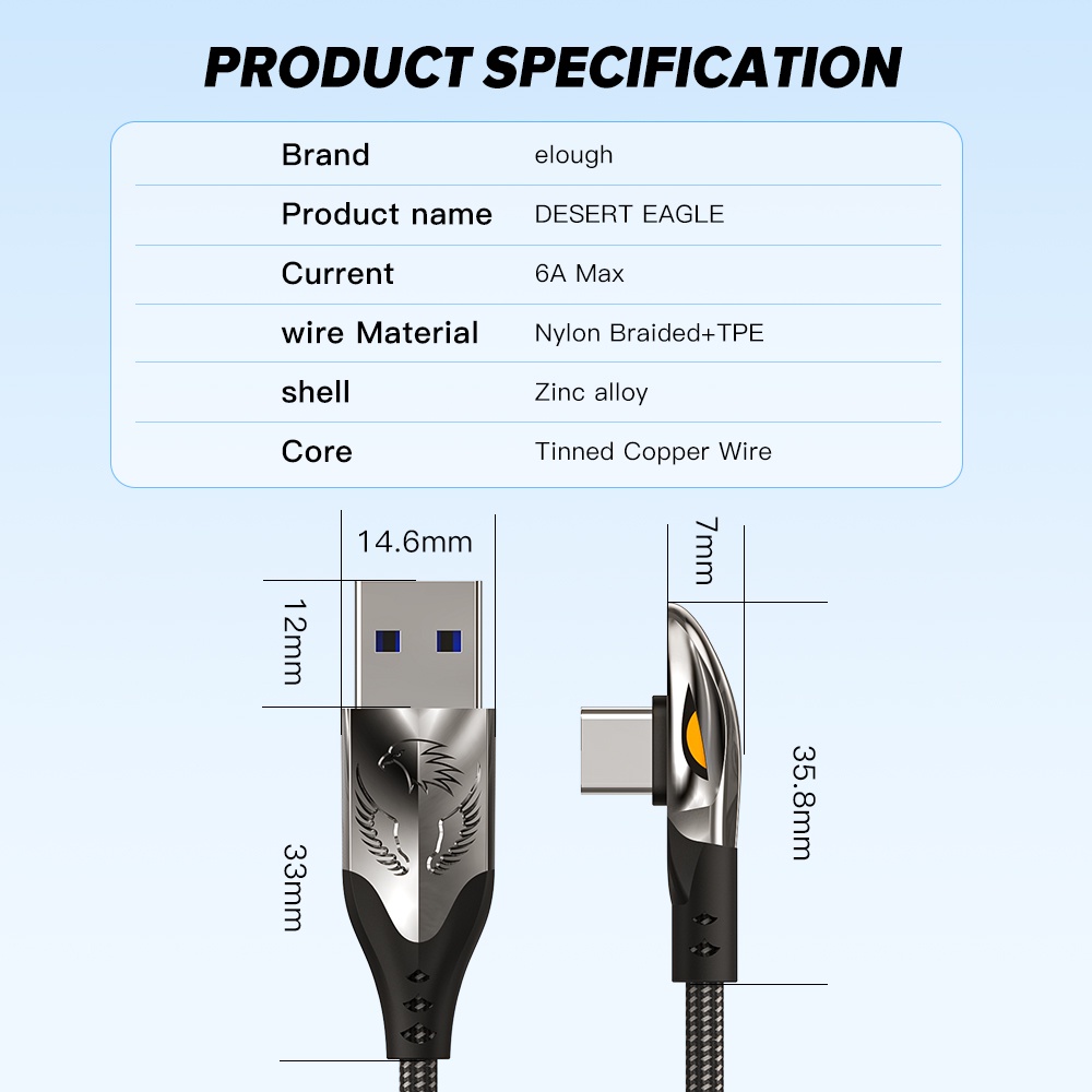 Dây cáp sạc Elough 6A USB C QC 3.0 đầu sạc vuông hỗ trợ sạc nhanh cho Huawei Samsung