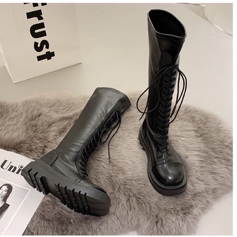 Giày boot đùi nữ chiến binh buộc dây đế độn 5p da mềm lì đẹp ulzzang Eudora899 B36