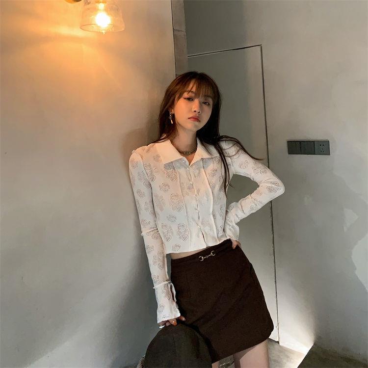 One Forget All Rỗng/&lt;Best Exclusive} Áo Sơ Mi Ren Hoa Hồng polo Dáng Ngắn Khí Chất Retro Cá Tính