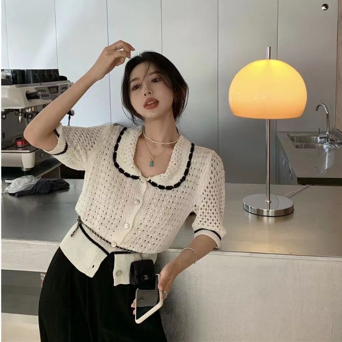 Áo cardigan dệt kim ZHELIHANGFEI tay ngắn cổ búp bê dáng rộng thời trang dễ thương xinh xắn cho nữ