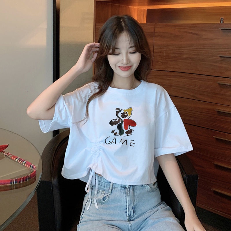 Áo Thun Ngắn Tay Dáng Rộng Eo Cao Phối Dây Rút Phong Cách Hàn Quốc Thời Trang Mùa Hè Dành Cho Nữ Sinh
