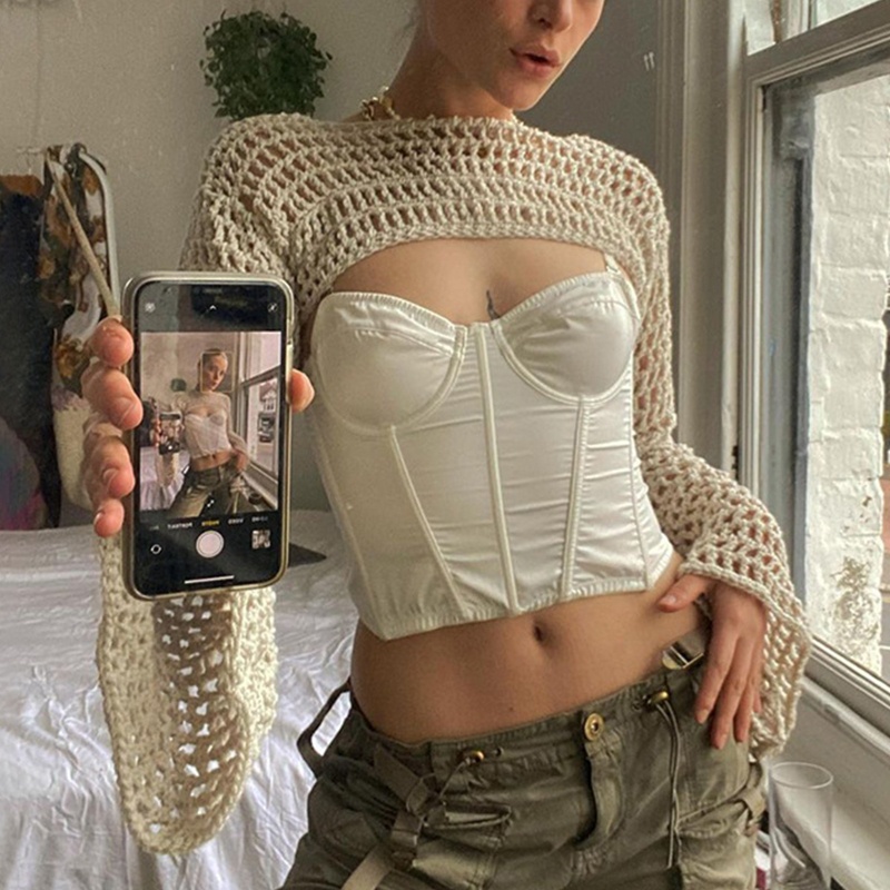 Áo Lửng Tay Dài Đan Lưới Thời Trang Quyến Rũ Cho Nữ Y2K