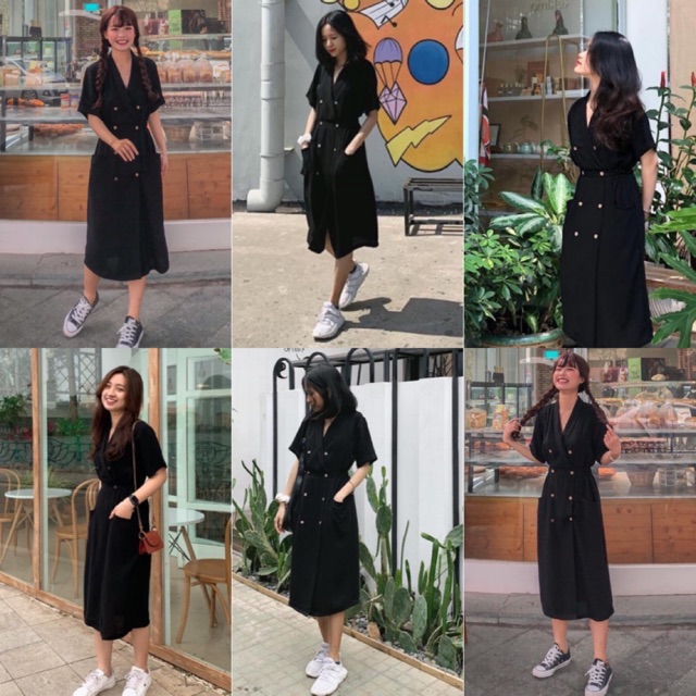 Đầm Đen Tilly Dress thiết kế đơn giản from suông chuẩn - váy dáng dài có túi cổ vest chữ V eo có bo chun co giãn
