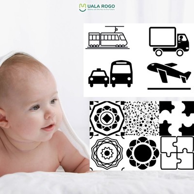 Bộ hình tăng thị giác Flash Card cho bé sơ sinh Ualarogo luyện mắt và giác quan trẻ màu đen trắng