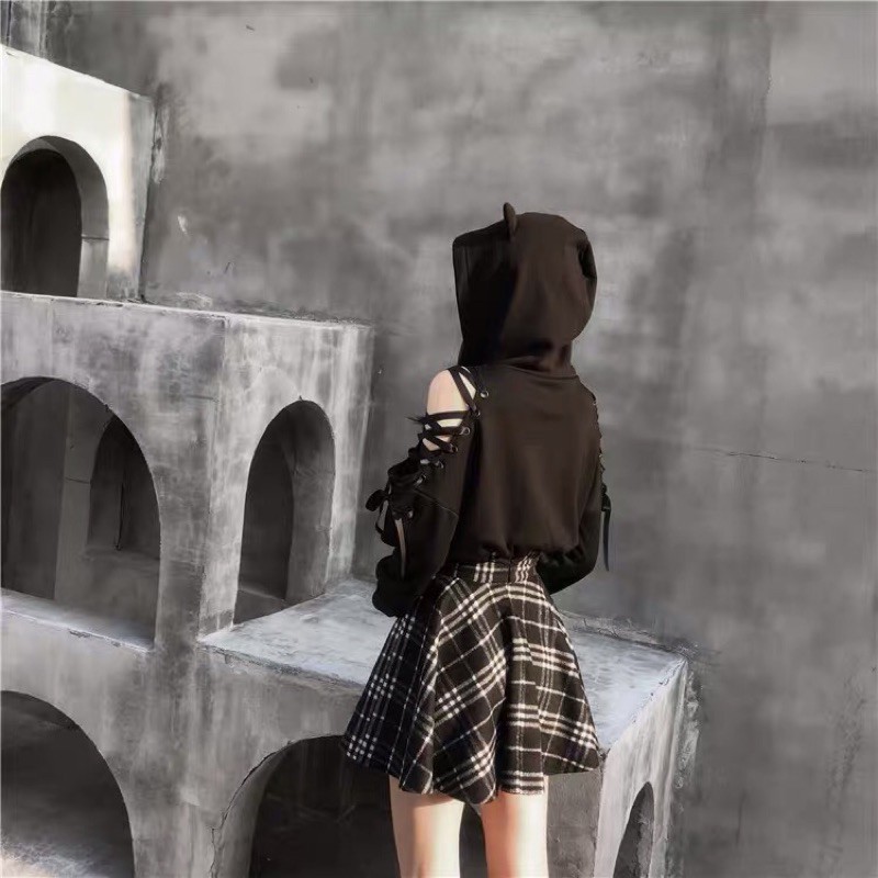 Set áo hoodie hở vai đan dây chéo + chân váy kẻ xoè Ulzzang đan dây cách điệu siêu chất ❤️
