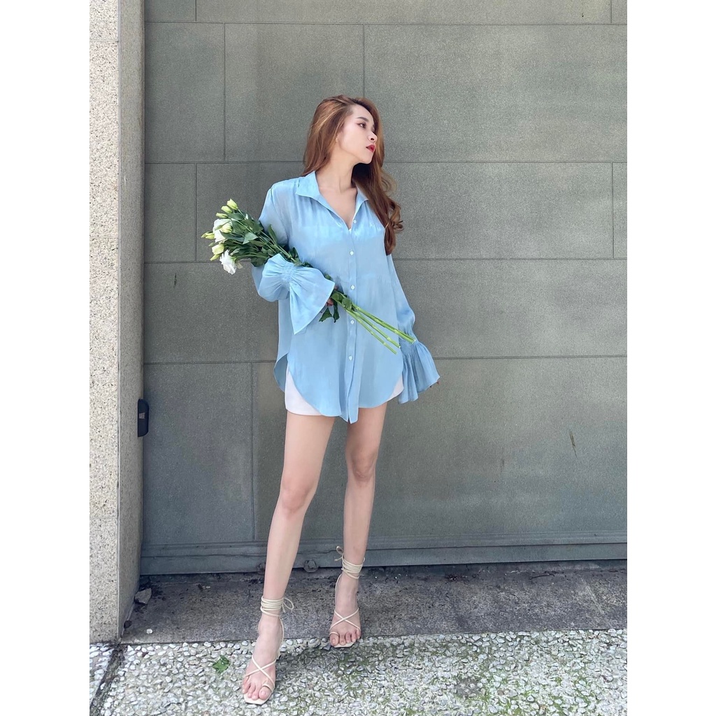 Áo sơmi tay phồng bèo dún vải tơ