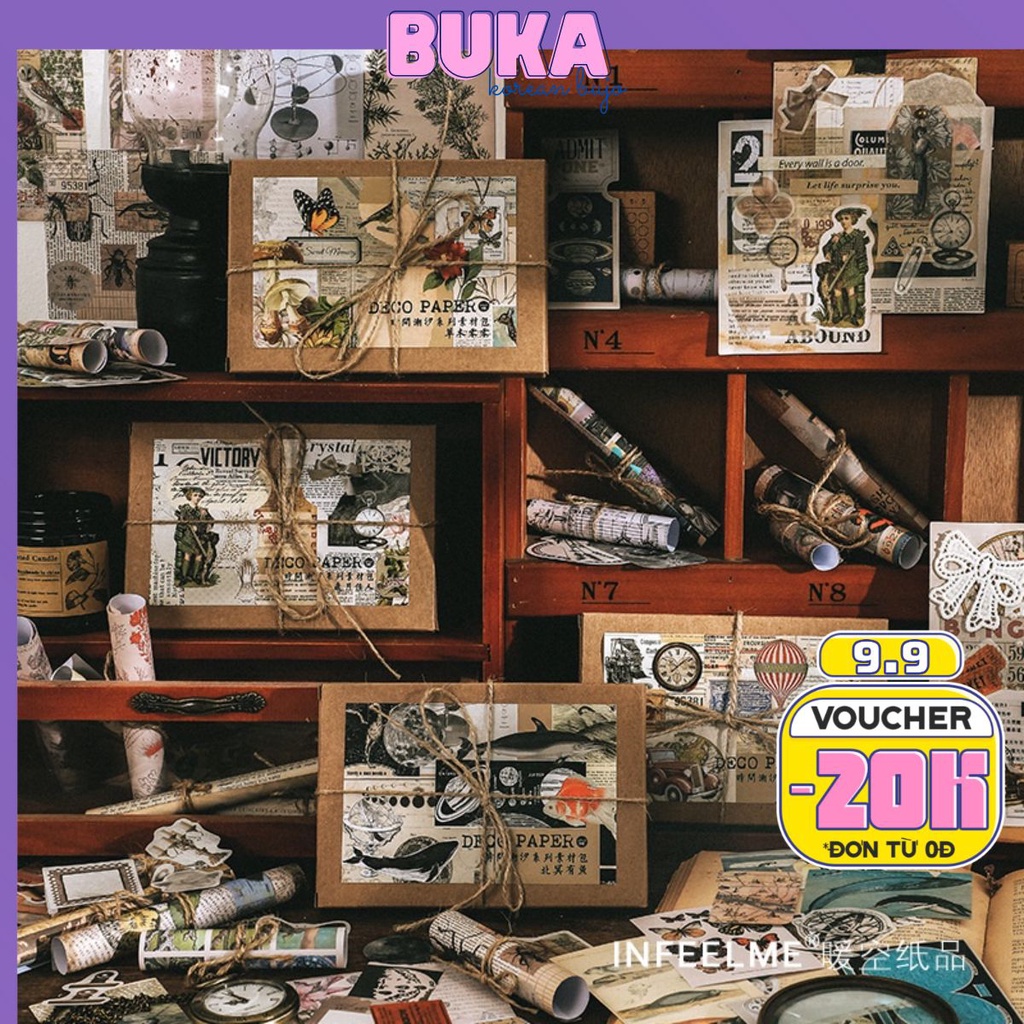 Sticker báo xé phong cách cổ diển 200 miếng Bukavn Hình dán báo cũ Làm sổ tay Vintage handmade STKTH