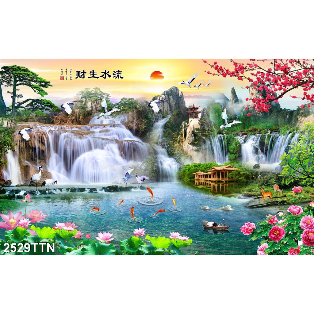 TRANH DÁN TƯỜNG 3D SƠN THUỶ HỮU TÌNH THÁC NƯỚC ĐẸP NHIỀU MẪU - TRANH NON NƯỚC HỮU TÌNH