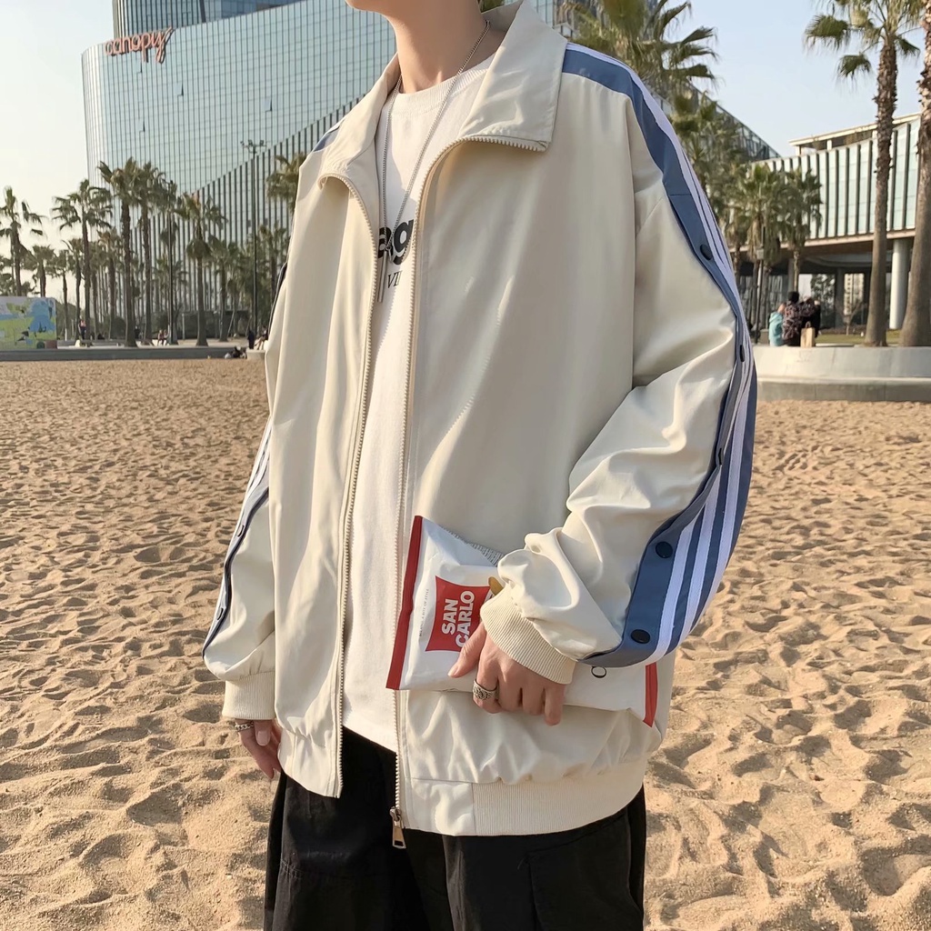 Áo Khoác Cổ Đứng Dáng Rộng Họa Tiết Kẻ Sọc Thời Trang Hàn Quốc Cho Nam