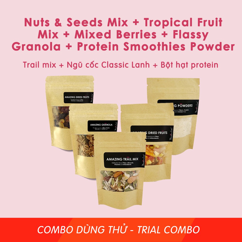 [COMBO DÙNG THỬ] Gói 50gx4 Nuts & Seeds Mix + Tropical Fruit Mix + Mixed Berries + Flassy Granola + Protein Smoothi