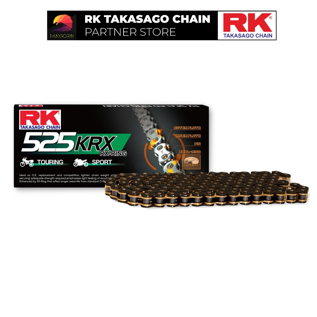 Sên xe phân khối lớn RK Takasago Chain mã BG-525-KRX, màu vàng đen, phốt cao su X-ring, kích thước 525, 120 mắc sên