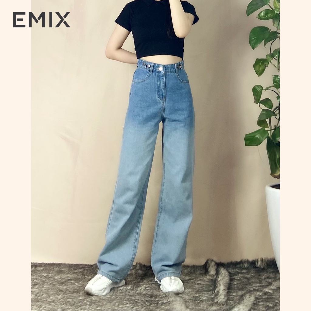 Quần jean nữ dáng suông loang thời thượng EMIX (màu xanh), genz, chất jean co giãn, không phai màu