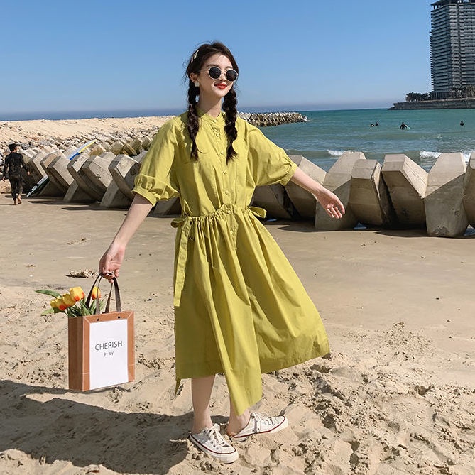 Đầm dáng chữ A tay phồng màu xanh lá nhạt phong cách Hàn Quốc dễ thương dành cho nữ