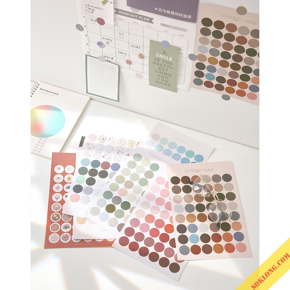 Bộ 48 sticker dán hình tròn nhiều màu, nhãn dán dot dán Bullet journal, Planner