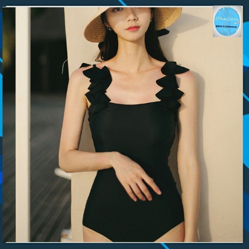 Bikini Nữ Liền Thân, Đồ Bơi, Áo Tắm 1 Mảnh Kín Đáo Hai Dây Kiểu Cách Màu Đen Mã BN - 319