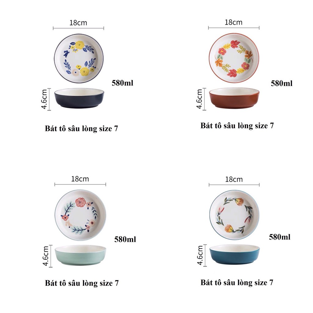Tô sứ vẽ hoa 4 mùa, bát đựng salad, đĩa để món xào, phụ kiện bàn ăn: 3.7.1