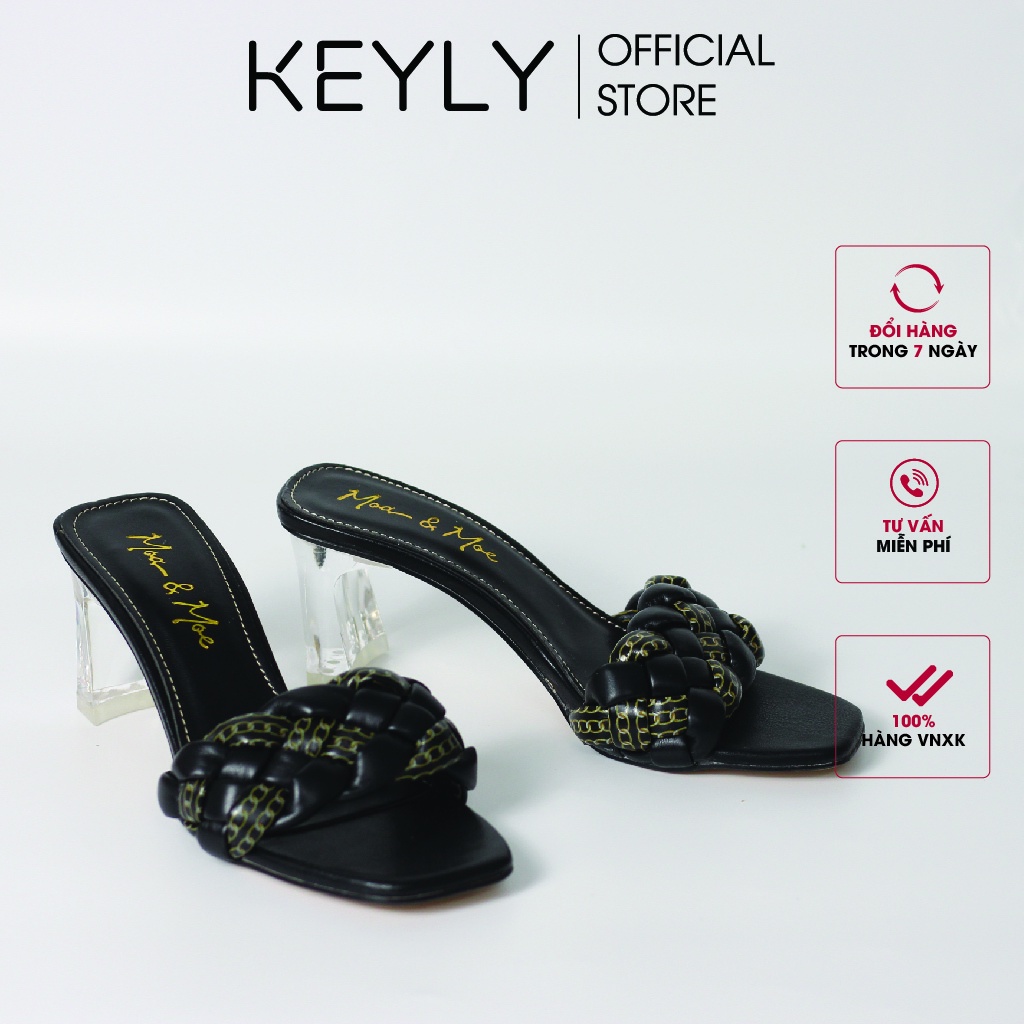 Dép cao gót quai da xoắn Keyly mũi vuông gót trong cao 5cm màu đen