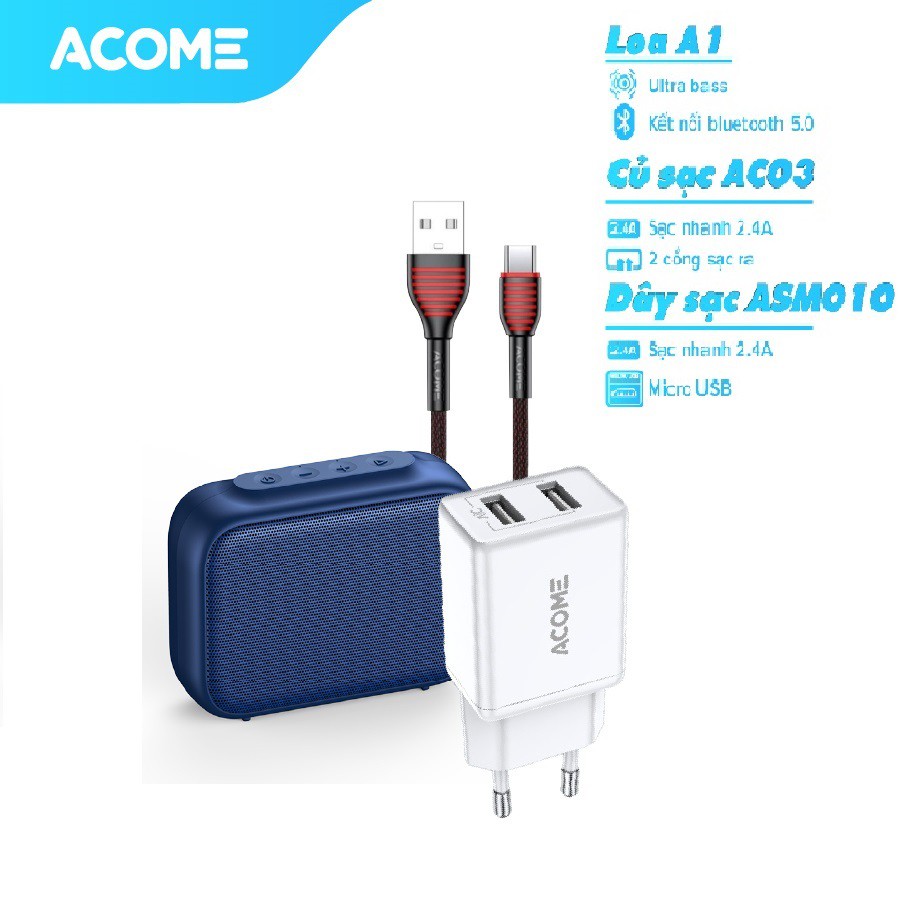 Combo Loa Bluetooth ACOME A1 Công Suất W+ Cốc Sạc Nhanh 2.4A- AC03 Và Cáp Sạc Nhanh Micro ASM010 Cáp Dù Bền Chắc 100cm