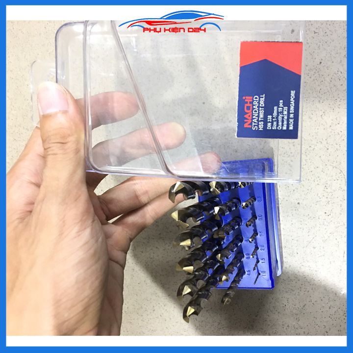 Hộp 19 mũi khoan inox Nachi Singapore đường kính 1mm-10mm