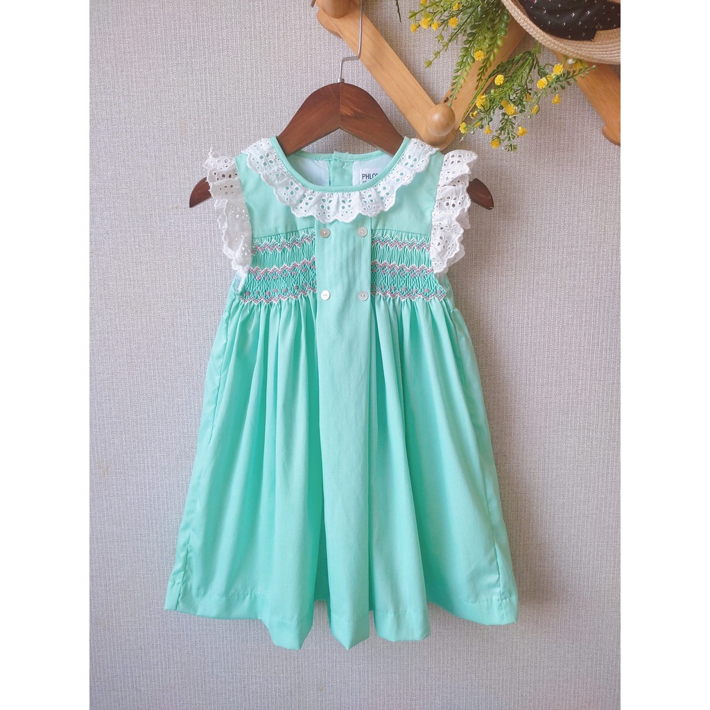 Váy đầm smock xanh mint, cổ tròn phối ren trắng