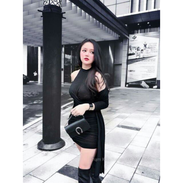 Set đầm yếm xoắn bụng + cardigan